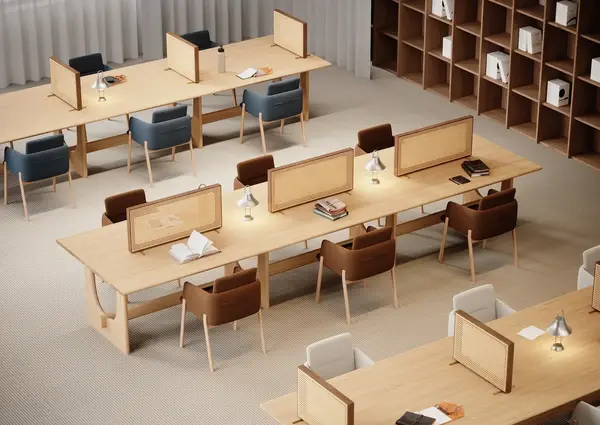 High angle shot of several Sund Conference Tables with wooden tops and screens, complemented by modern chairs in a well-lit office space.