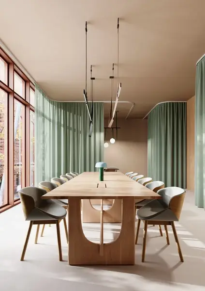Angled view showcasing the Sund Conference Table with light wood finish in a modern, naturally lit meeting space with chairs.