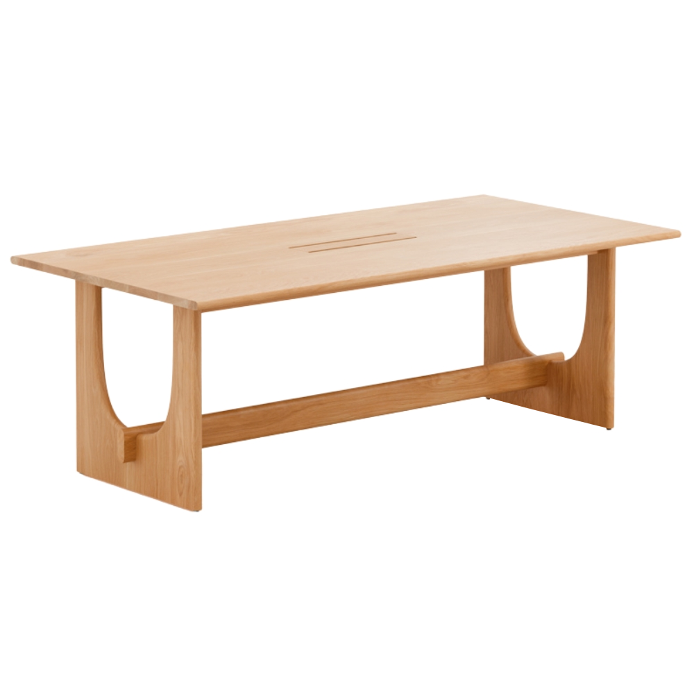 Front view of the light wood Sund Dining Table with a rectangular top and unique U-shaped leg supports, perfect for modern interiors.