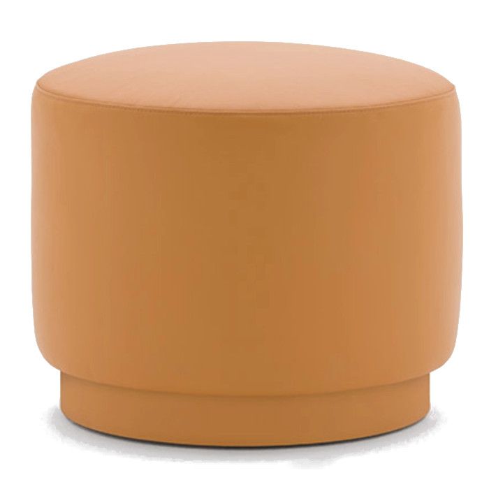 Contemporary Tablet Low Stool in tan upholstery. The round stool has a plinth base, perfect for commercial or home use.