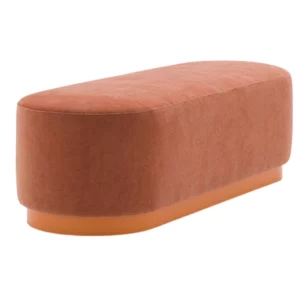 Angled view of the Tablet W Bench, a modern, upholstered bench with a rounded silhouette and plinth base in a warm, earthy color.