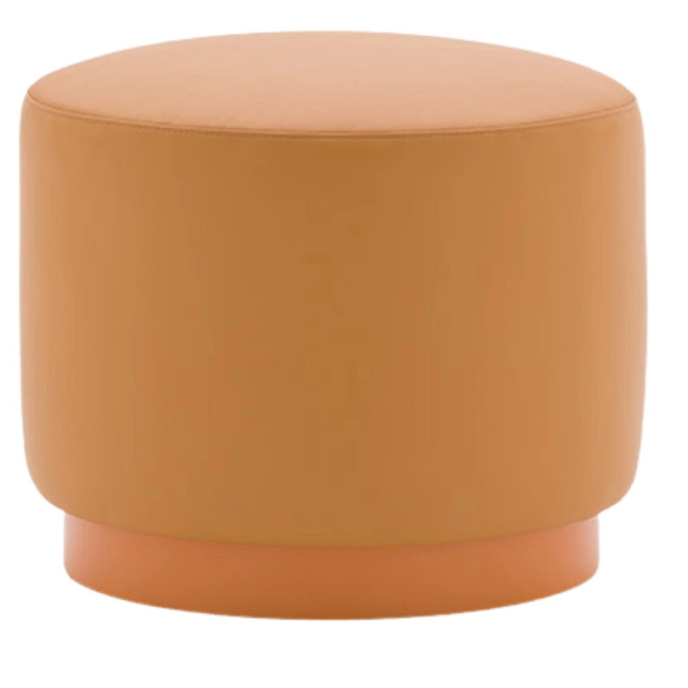 Close-up of a Tablet W Low Stool in orange, featuring a rounded upholstered seat and base. Modern, commercial style.