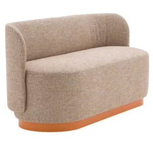 Angled view of a beige Tablet Sofa with upholstered seat, back, base and plinth, ideal commercial lounge furniture.