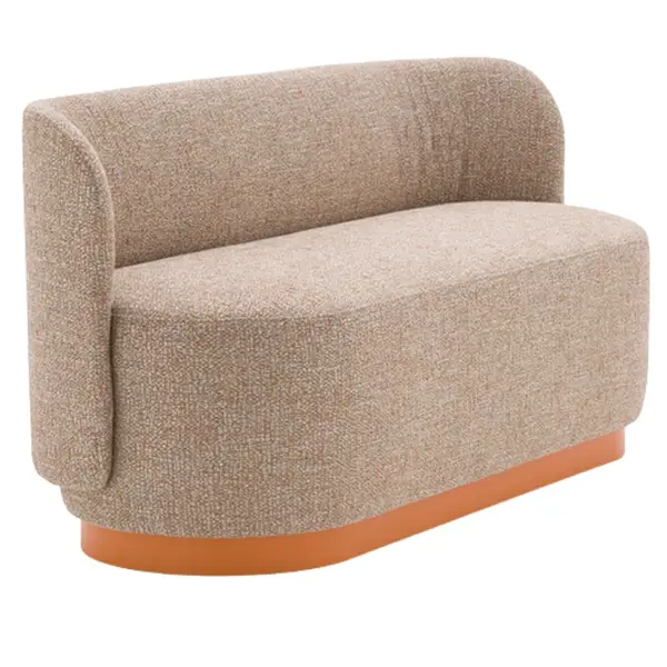 Angled view of a beige Tablet Sofa with upholstered seat, back, base and plinth, ideal commercial lounge furniture.