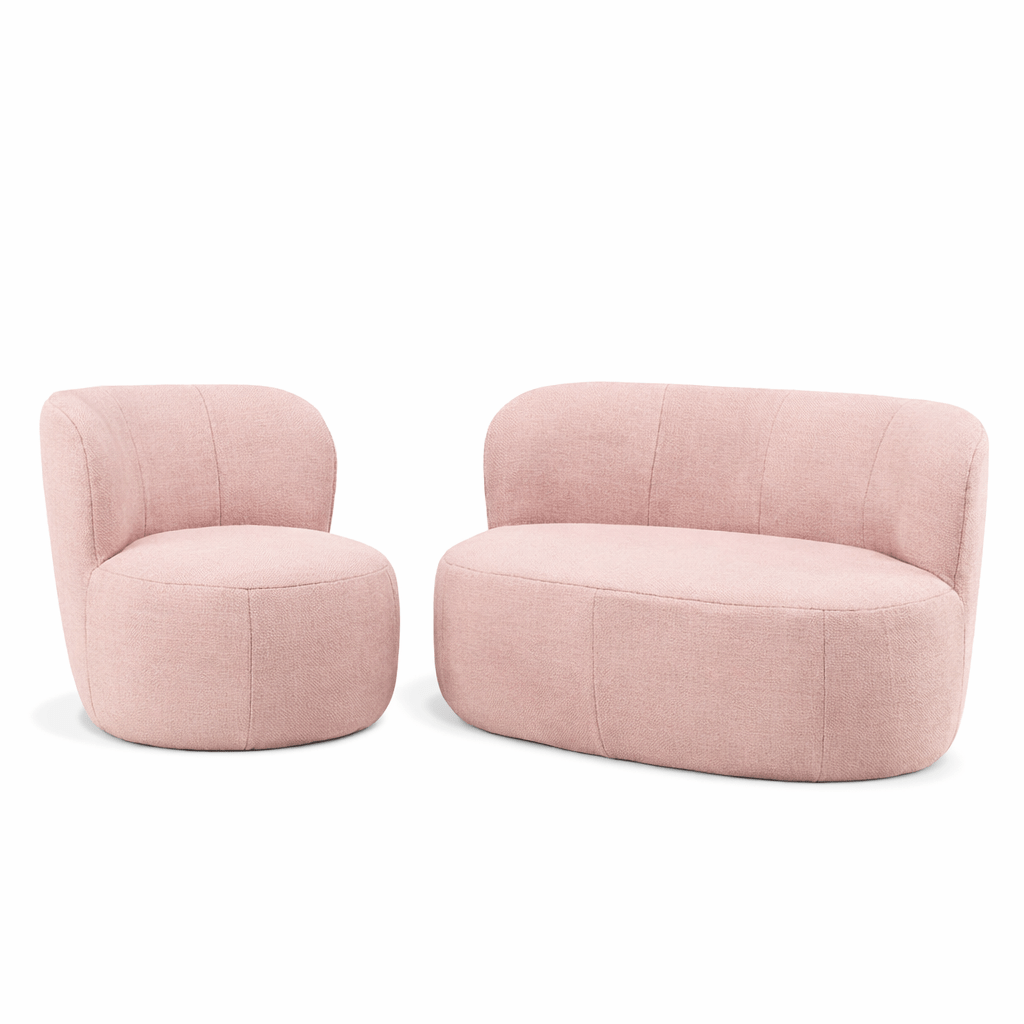 Rose Chaise Lounge, shown in pink upholstery, includes an armchair and a loveseat. Contemporary commercial lounge furniture, contract furniture.