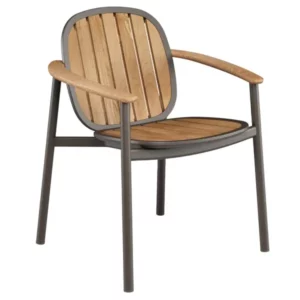 Angled view of Twins Alu Armchair featuring a metal frame with wooden slat seat and back, designed for outdoor hospitality, contract furniture.