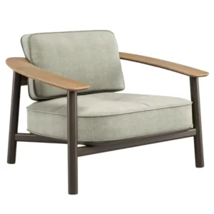 Twins Alu Lounge Chair in metal frame with wood slats, light green cushions. Modern outdoor seating for hotels and restaurants, outdoor contract lounge chairs, contract furniture.