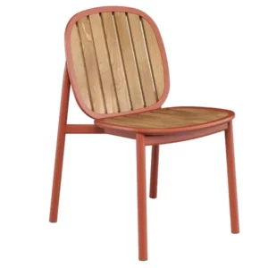 Angled view of a Twins Alu Side Chair with a coral metal frame and light wood seat and back, contract furniture, outdoor furniture.