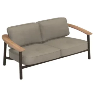 Twins Alu Sofa: Brown metal frame, wood armrests, upholstered seats. Perfect contract furniture for outdoor hospitality, contract furniture.