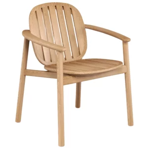 Twins Alu armchair in natural wood finish, showcasing its slatted seat and back, sturdy metal frame, and stackable design, contract outdoor furniture.