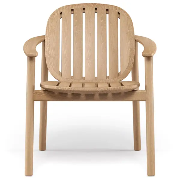 Front view of the Twins Alu Armchair, featuring a light-colored wood slat seat and back, with a sturdy metal frame. Stackable design.