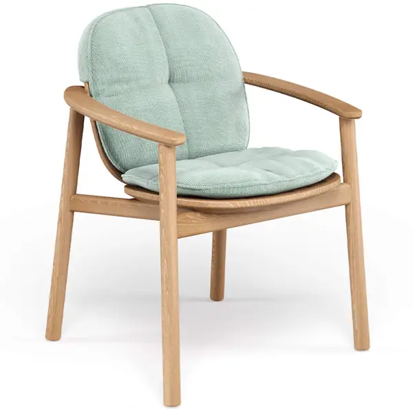 Twins Armchair featuring a light wood frame and soft, light green cushions for seat and back, perfect for outdoor hospitality.