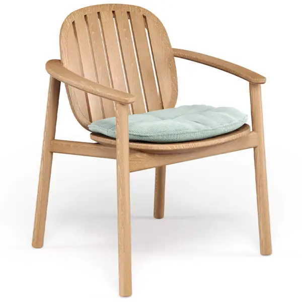Twins Alu Armchair, a wooden chair with a light blue cushion, showcasing its wood slat seat and back from a front angle.