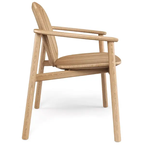 Side view of a light wood Twins Armchair with a slatted seat and back, showcasing its modern design and stackable feature.