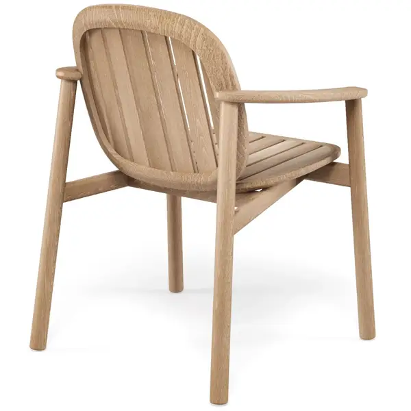 Rear view of a light wood Twins Armchair featuring a slatted back and seat. Ideal seating for outdoor spaces, stackable design.