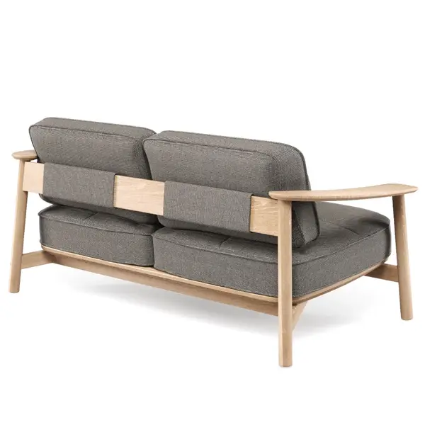 Rear view of the Twins Alu sofa in gray upholstery with light wood frame. Modern outdoor seating for hotel and restaurant terraces.