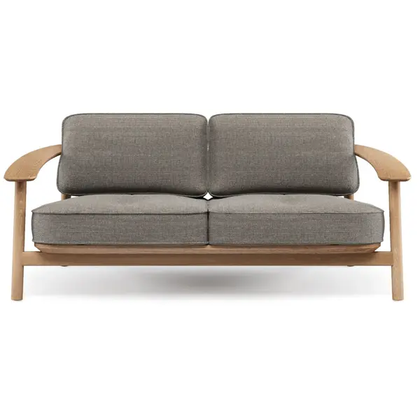 Front view of the Twins Sofa, featuring a light wood frame, armrests, and gray upholstered cushions for seating comfort.