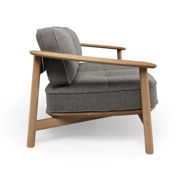 Twins Sofa in gray upholstery with wooden armrests, showcasing its modern design and comfort from a side angle.