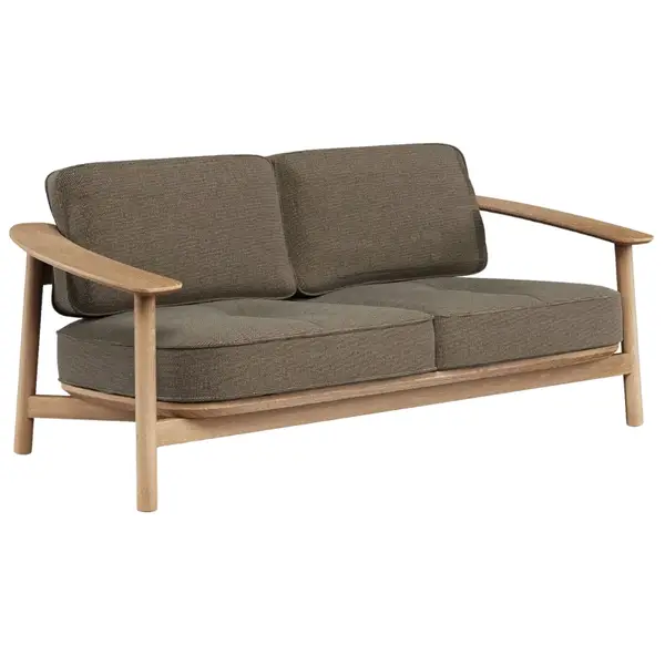 Twins Sofa: 2-seater sofa with a light wooden frame, armrests, and upholstered seat and back cushions in a neutral fabric, contract furniture, hotel furniture.