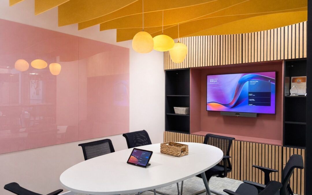 Modern meeting room with contract furniture: conference table, screen display, contemporary interior design for commercial spaces.