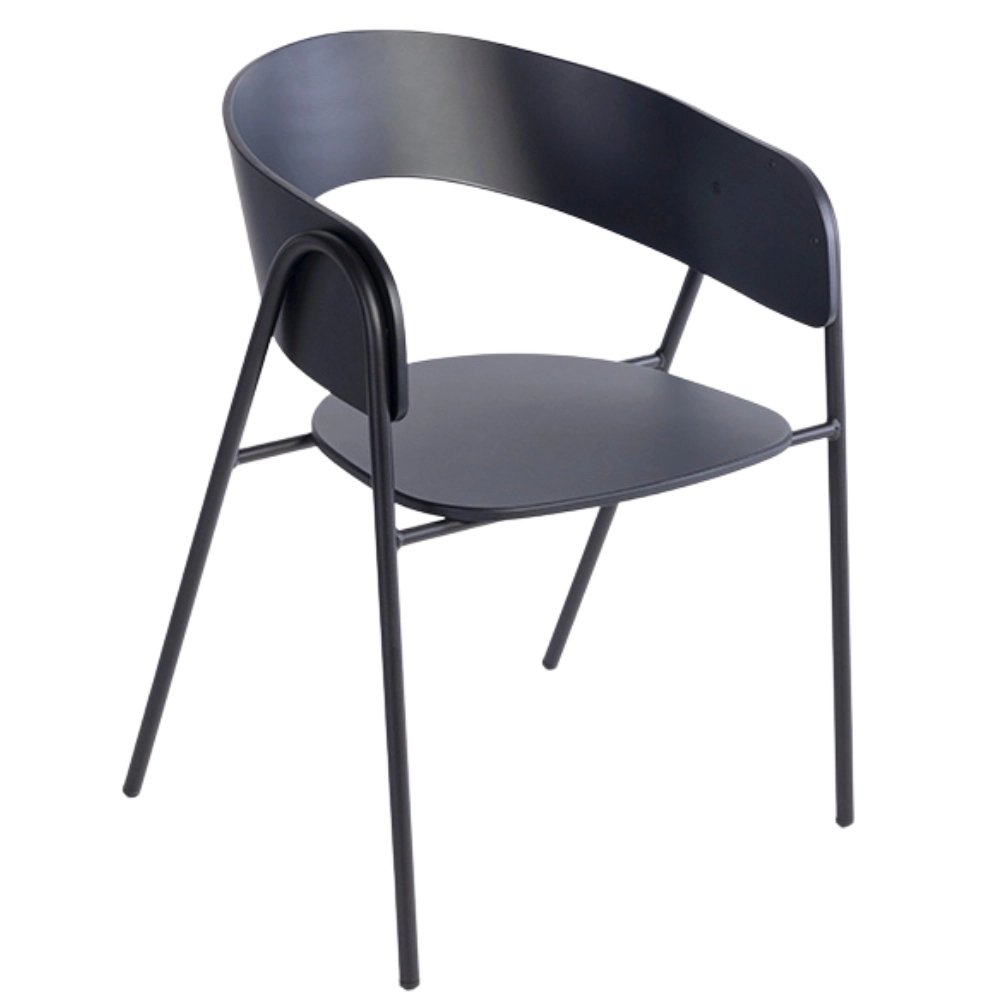 Modern Halley armchair with a sleek black metal frame and upholstered seat, perfect for commercial or residential spaces.