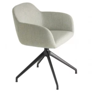Myra Swivel Armchair in light grey fabric with black metal 4-star base, modern design, perfect for commercial spaces.