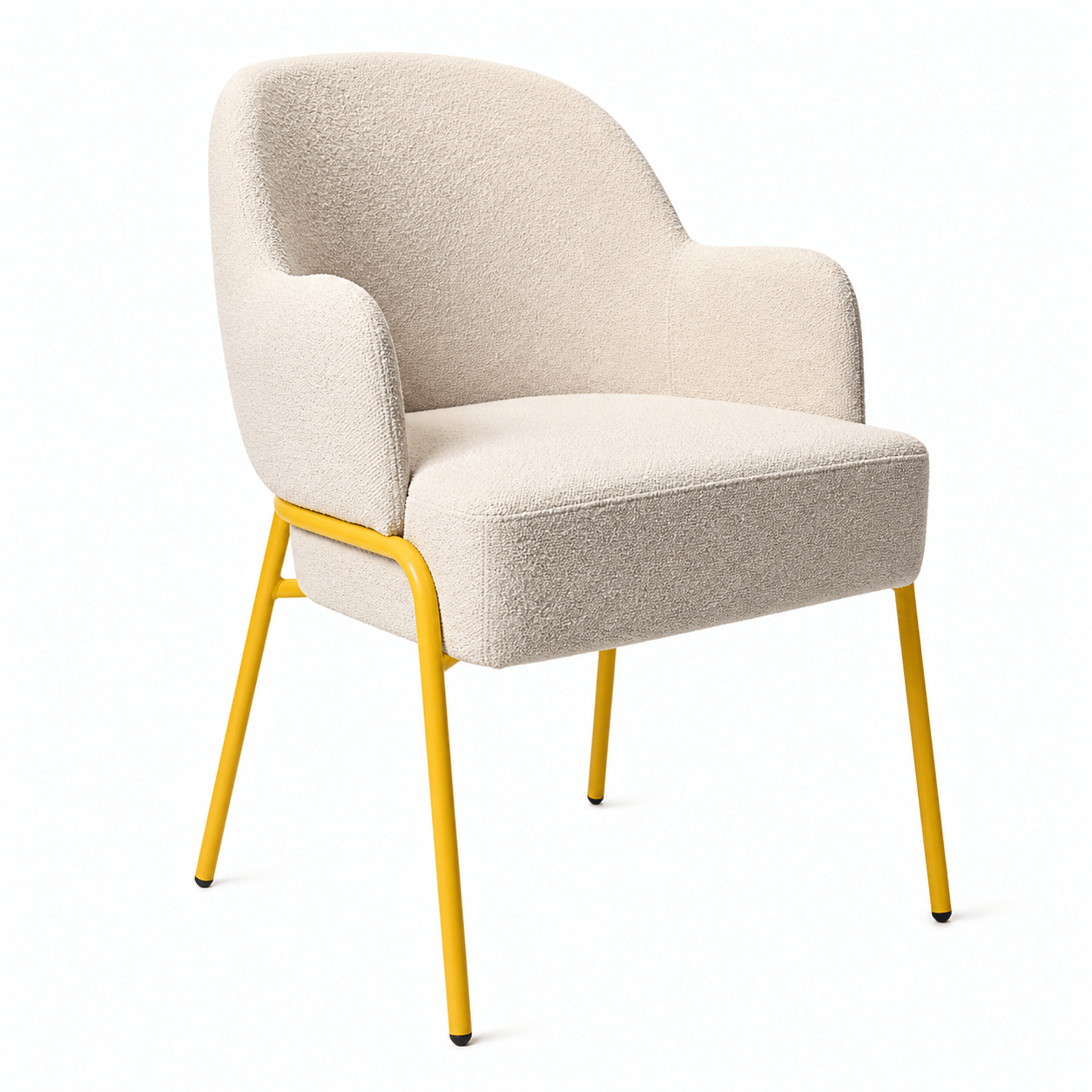 Stylish Adele Armchair in cream upholstery with vibrant yellow metal frame, showcasing a modern design from a front angle.
