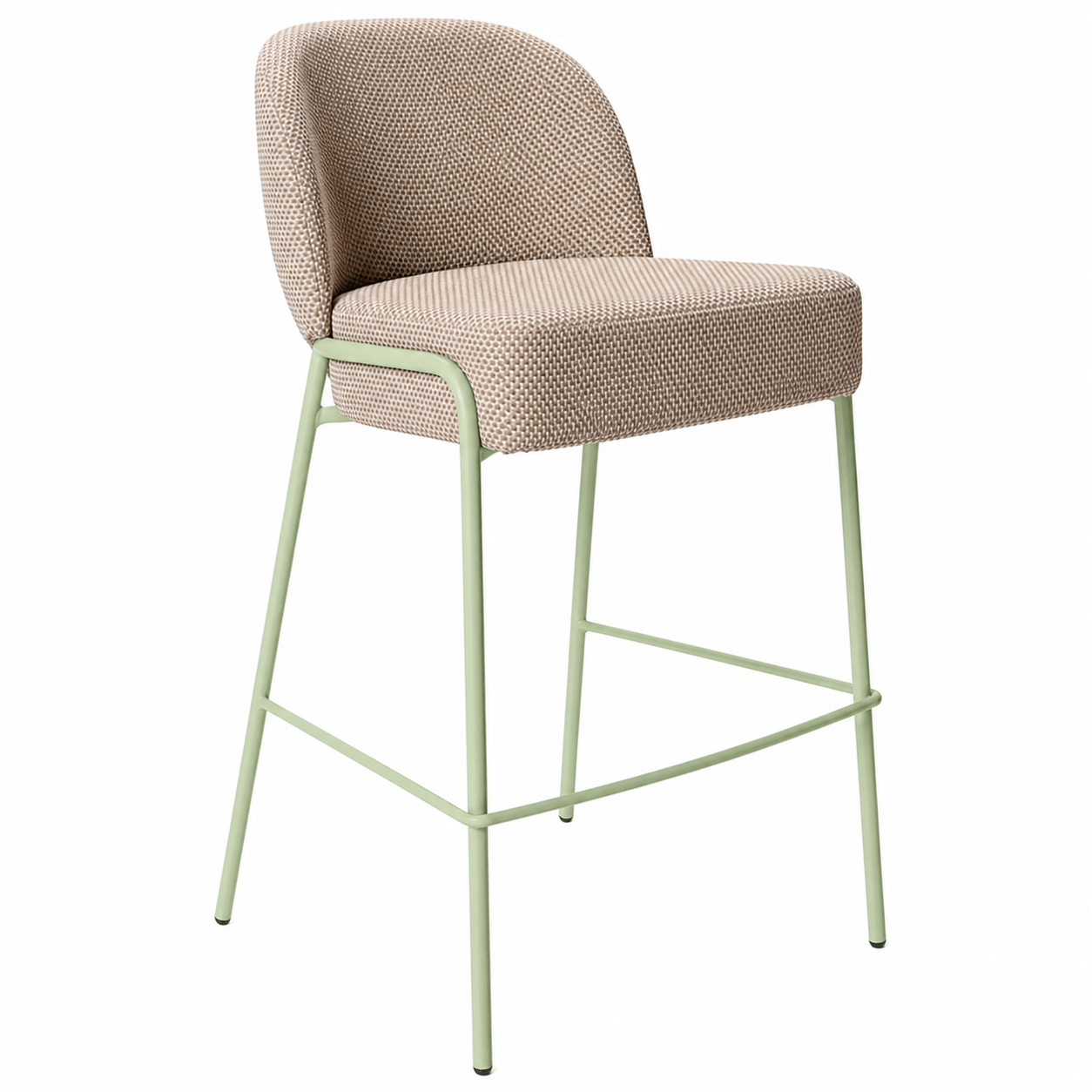 Modern Adele Barstool: Upholstered seat and back in neutral fabric, light green metal frame. Ideal for commercial spaces and contract furniture