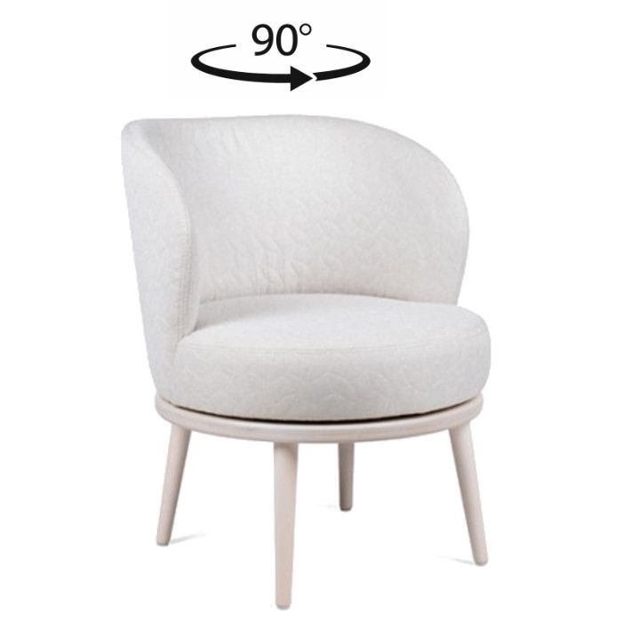 Audrey Swivel Lounge Chair in white fabric with a 90-degree swivel feature, showcasing its modern design and functionality.