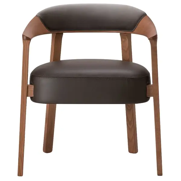 Front view of Aurea Armchair featuring brown leather upholstery and a light wood frame. Modern, stylish seating solution.