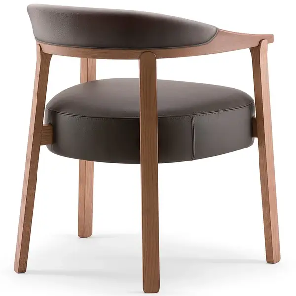 Back view of Aurea Armchair featuring brown upholstered seat and back with a light wooden frame, perfect for restaurants.