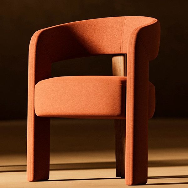 Front view of a modern Berry Armchair with orange upholstery and wood frame, perfect for contract furniture or hotel lounges.