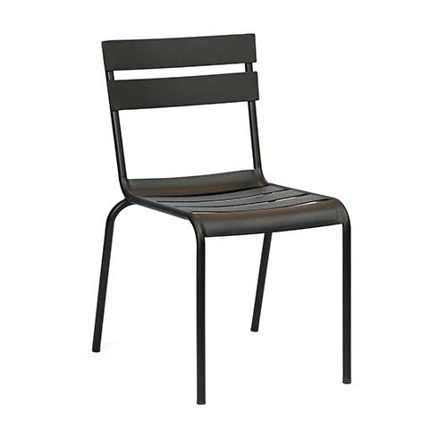 Studio shot of a black Bodmin Side Chair, featuring a metal frame, slatted seat, and minimalist, contemporary style.