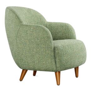 Three-quarter view of a sage green textured Glamour Lounge Chair featuring a rounded back and polished timber legs.