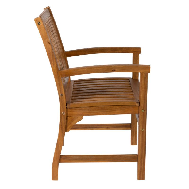 Side view of a wooden Hardy Armchair. The chair features a slated seat and back, with armrests, in a warm brown wood finish.