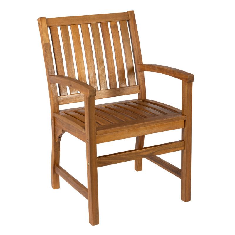 Angled view of a Hardy Armchair, showcasing its wooden frame, slatted back, armrests, and comfortable seat design.