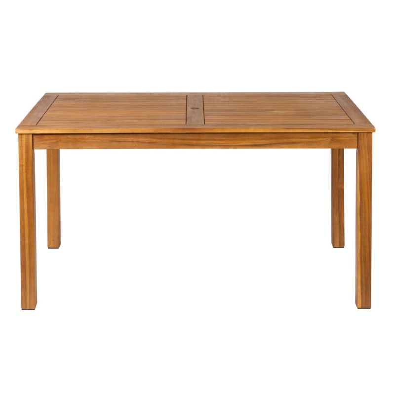 Front view of a Hardy Rectangle Dining Table made from solid acacia wood, highlighting its durable timber frame and smooth wood top.