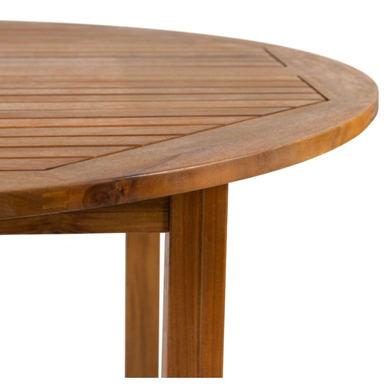 Close-up of a round Hardy Dining Table showing the wood grain and slatted design, perfect for outdoor commercial use.