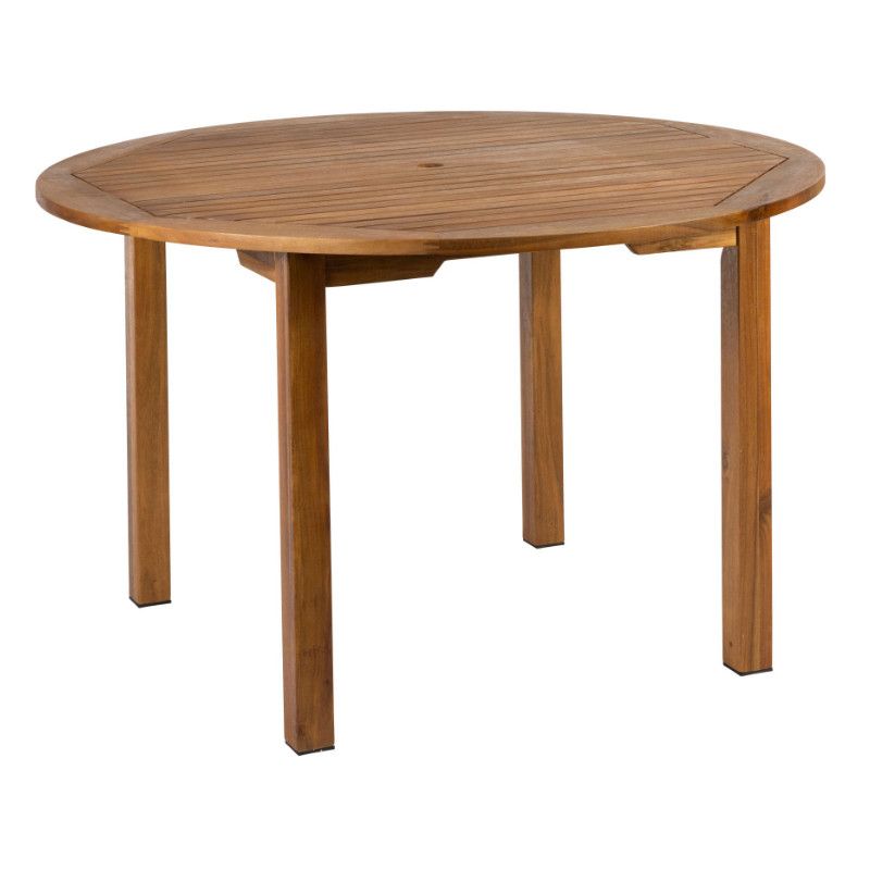 Hardy Dining Table in acacia wood, featuring a slatted round top with parasol hole and sturdy timber frame for outdoor settings.