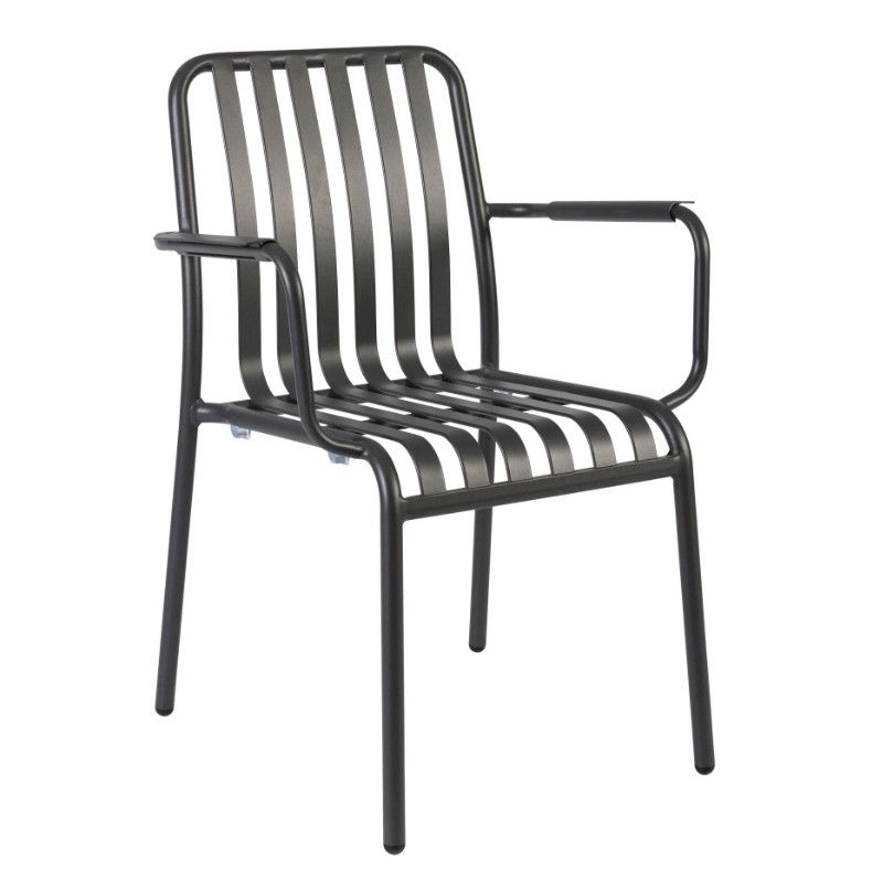 Here's a Henley Armchair: Metal frame, slatted seat and back, straight-on view, ideal for outdoor restaurant and hotel settings.