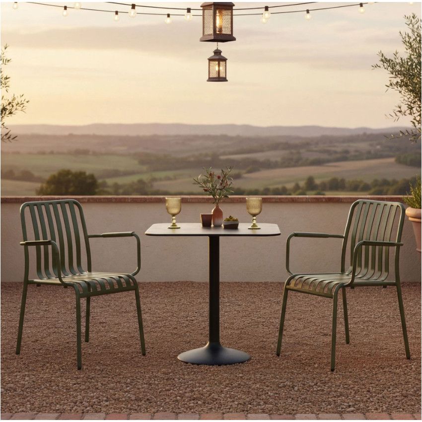 Imagine relaxing on this Henley Armchair! A patio set shows the metal frame, slatted olive seat and back, perfect for commercial outdoor furniture.