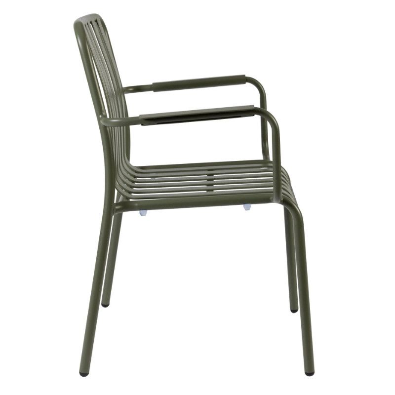 Side view of an olive green Henley Armchair emphasizing the slim metal frame, slatted seat and back design for commercial outdoor settings.