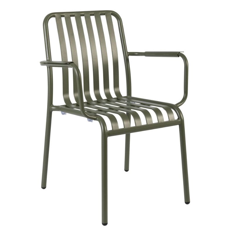 Olive green Henley Armchair, a slim metal side chair with slatted seat and back, stackable outdoor commercial furniture.