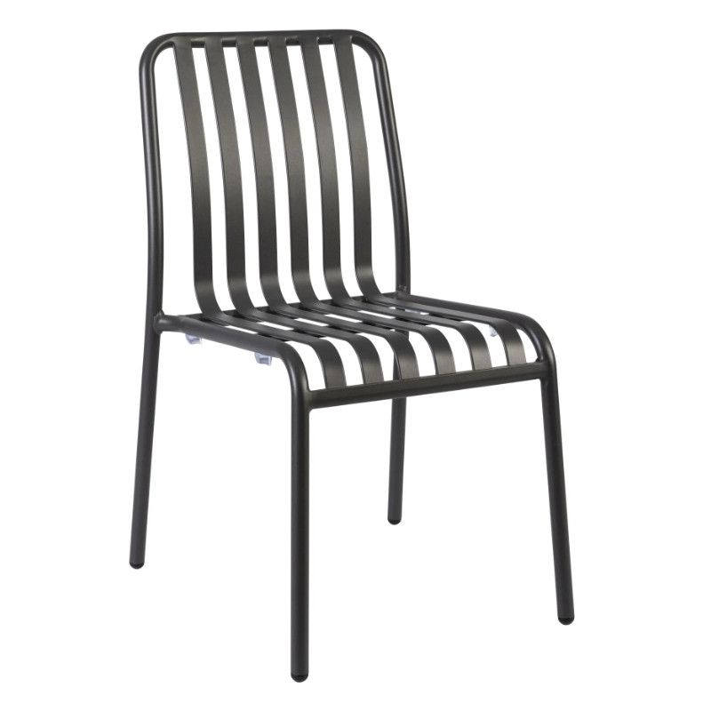 Seen straight on, the Henley Side Chair showcases its simple, vertically slatted design and a dark finish, blending style and durability.