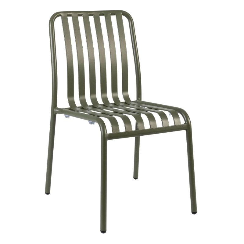 Pictured straight-on, the Henley Side Chair highlights its sturdy metal frame and vertically slatted seat and back, offering comfort and support.