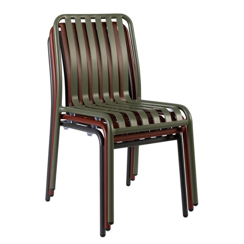 Stacked Henley Side Chairs display their slender metal frames and slatted seats. The green chair tops a brown and black chair, highlighting stackability.