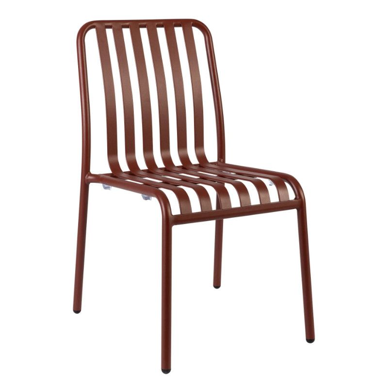 Angled view of the Henley Side Chair, featuring a brown metal frame with a slatted seat and back.