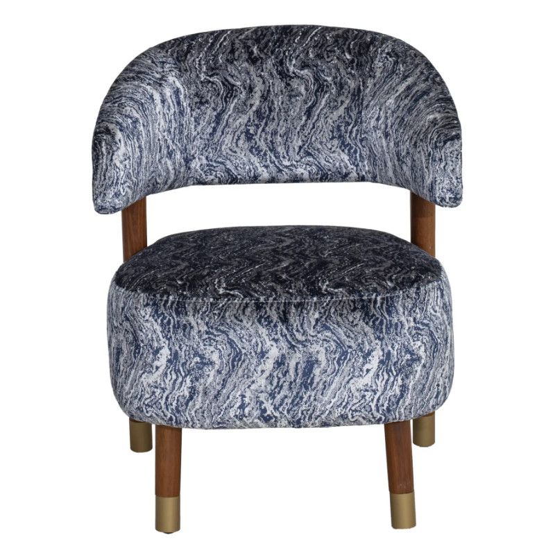 Striking Lirnoks Armchair, full frontal view. Features plush navy and white patterned fabric, complemented by warm wooden legs with gold accents.