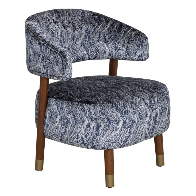 Lirnoks Armchair with blue marble-patterned upholstery and wooden legs, shown at a slight angle.