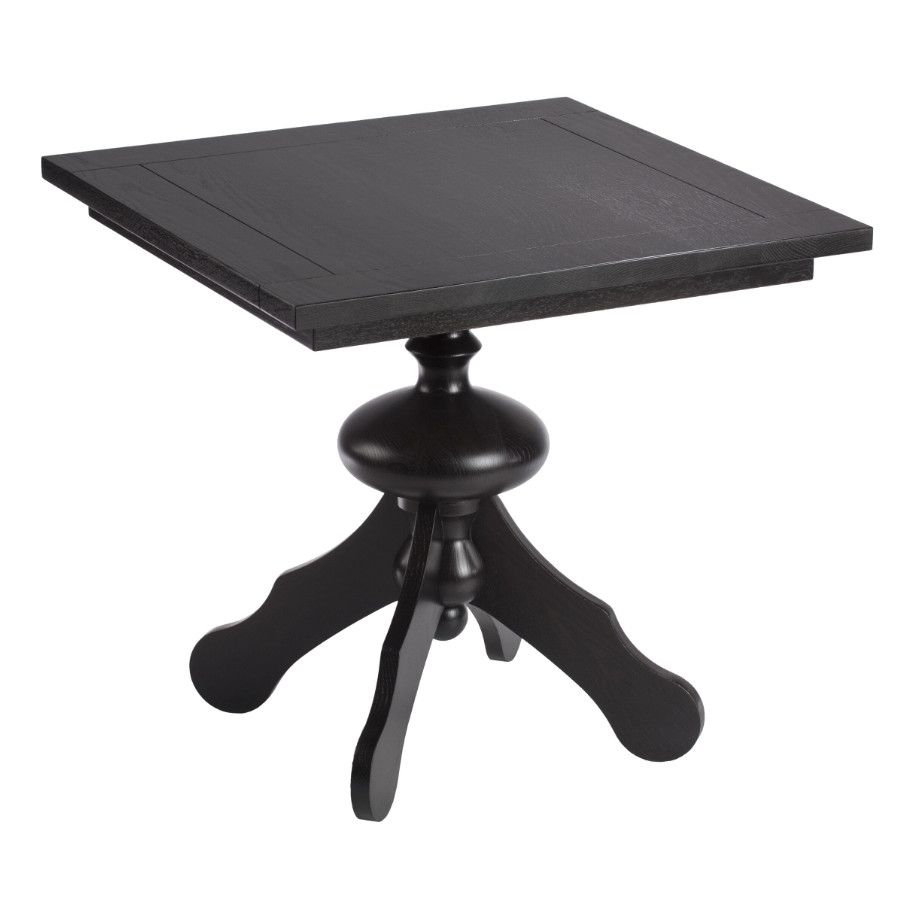 Angled view of the Marie Column Dining Table, a wood high table with a square black top and sculpted turned pedestal base.